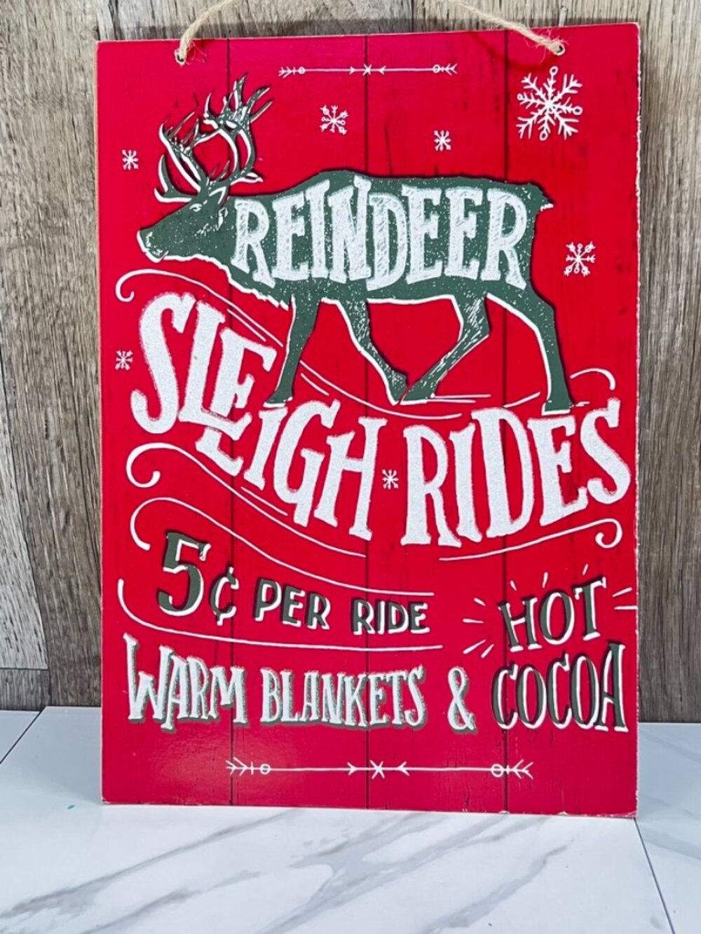 Christmas Hanging Wooden Plaque Reindeer Sleigh Rides Hot Cocoa Holiday 13.5x9.5